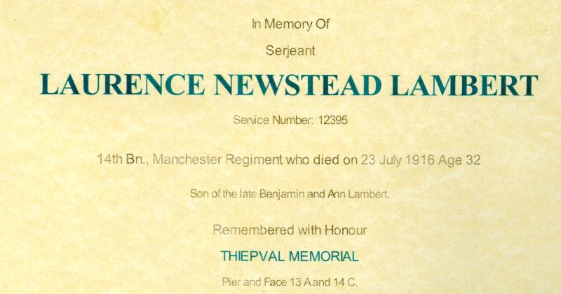 WW1 Victory Medal 1914-1919 To Sergeant Laurence Newstead Lambert,19th (Service) Battalion Manchester Regiment