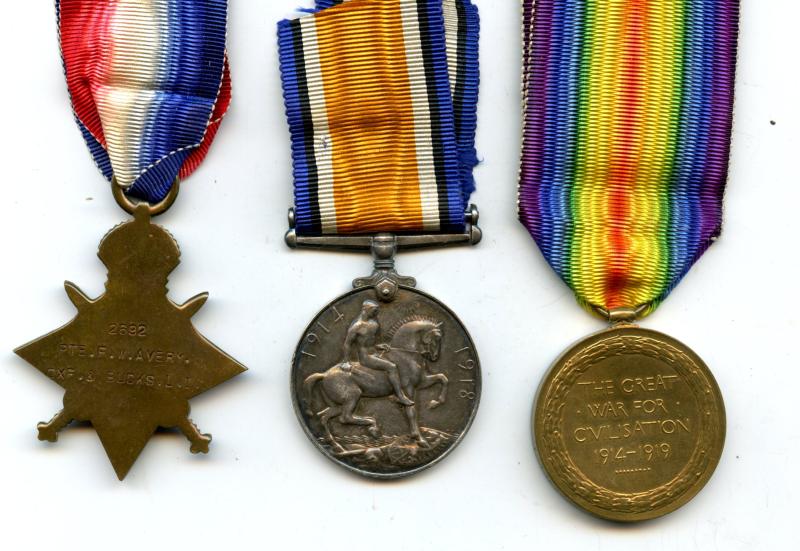 WW1 1914-15 Trio World War One Medals To Frederick W Avery 1/4 Ox & Buck, Light Infantry