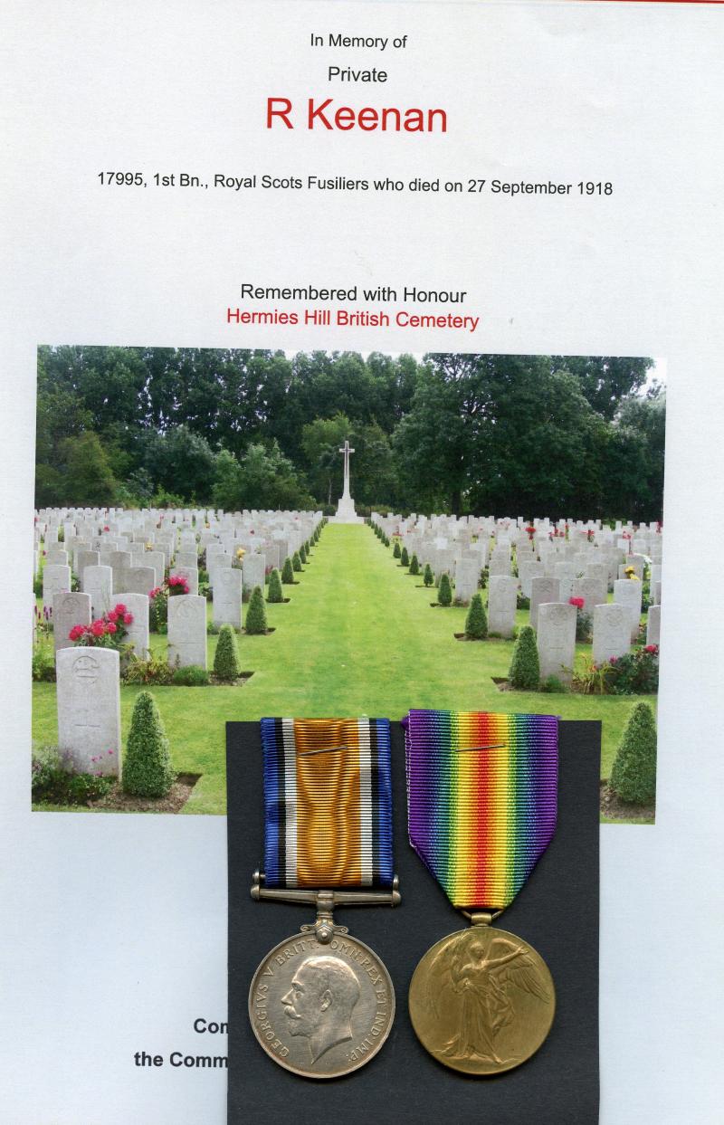 WW1 British War & Victory Medals Pair To Pte Robert Keenan; 6th Bn., Royal Scots Fusiliers