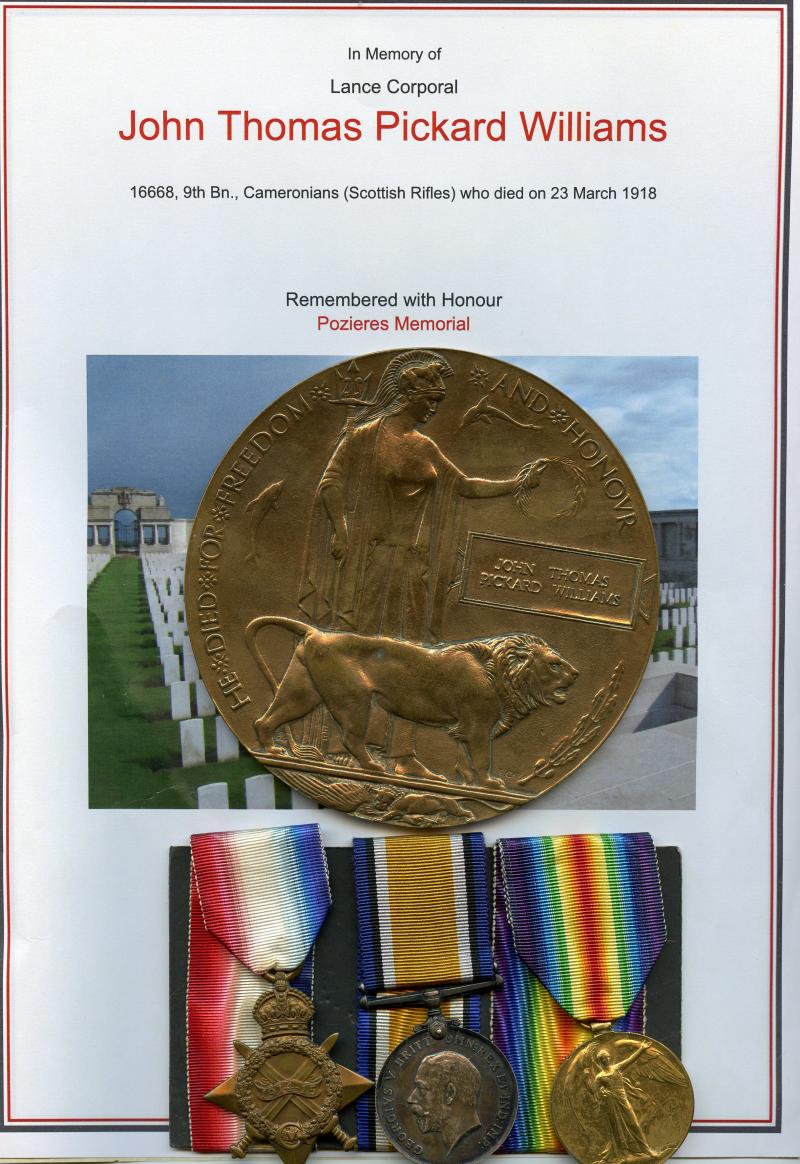 WW1 1914-15 Trio & Memorial Plaque To Trio Medals To L/Cpl John Thomas Pickard Williams, 9th ,Cameronians (Scottish Rifles)