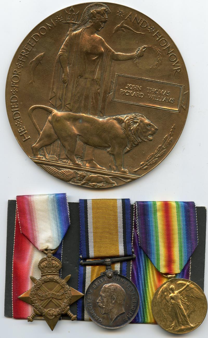 WW1 1914-15 Trio & Memorial Plaque To Trio Medals To L/Cpl John Thomas Pickard Williams, 9th ,Cameronians (Scottish Rifles)