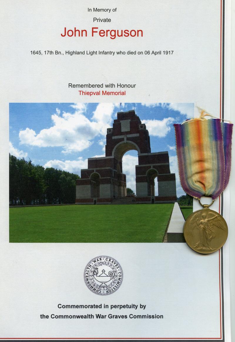 WW1 Victory Medal 1914-1919 To Pte John Ferguson ,17th Bn., Highland Light Infantry