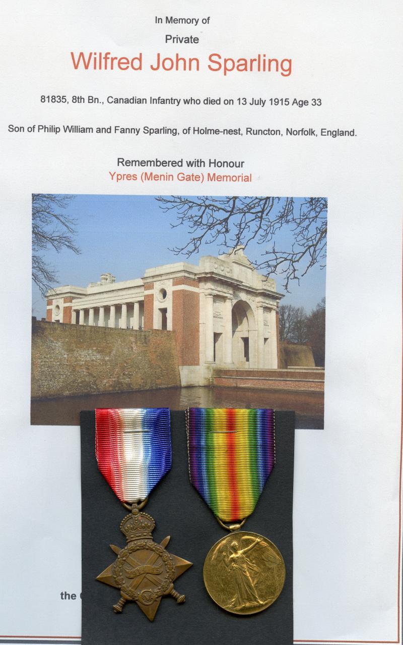 WW1 1914-15 Star & Victory Medal To Pte Wilfred John Sparling,  8th Bn., Canadian Infantry (90th Winnipeg Rifles)