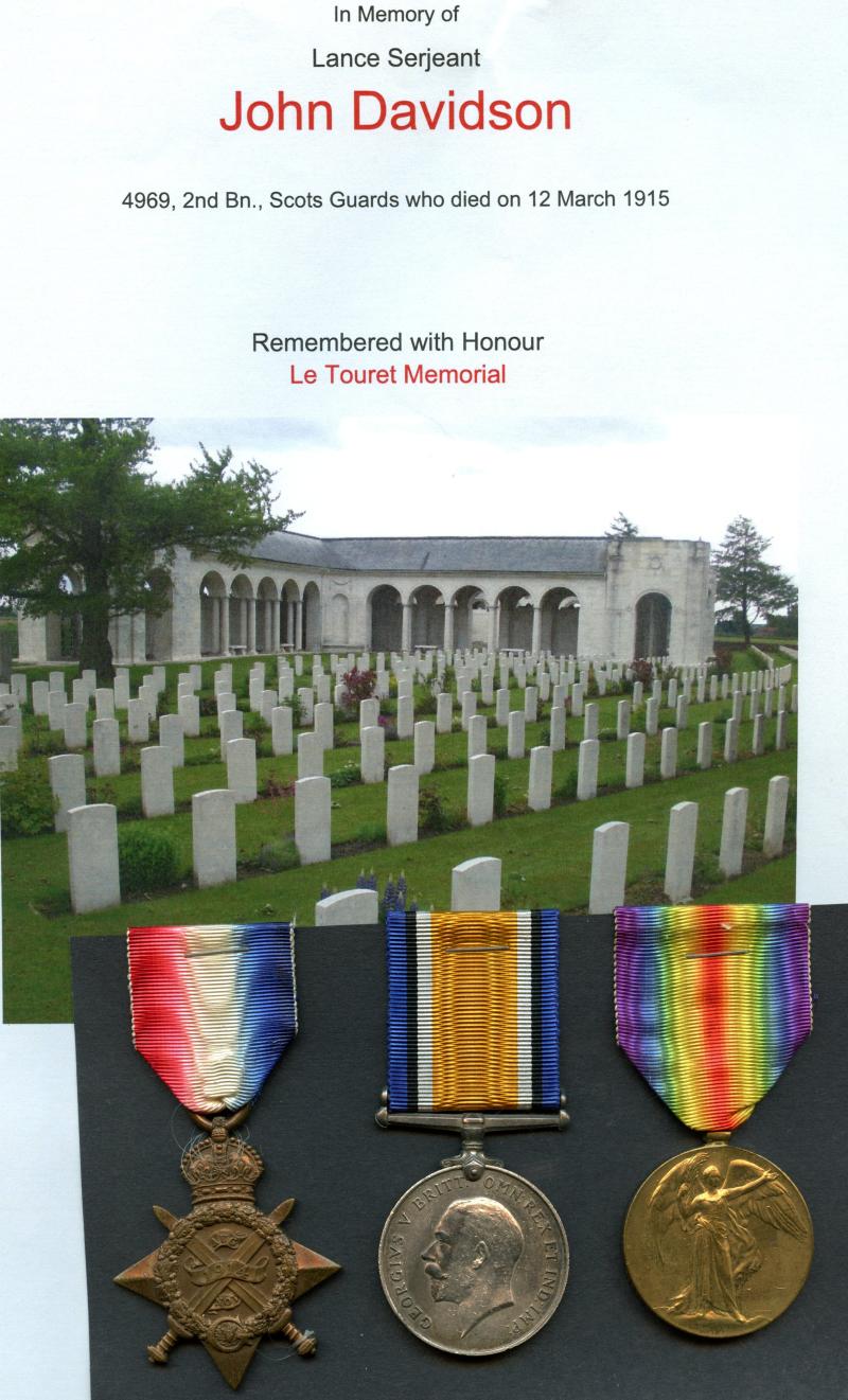 WW1 1914 Mons Trio To Lance Serjeant John Davidson 2nd Bn., Scots Guards