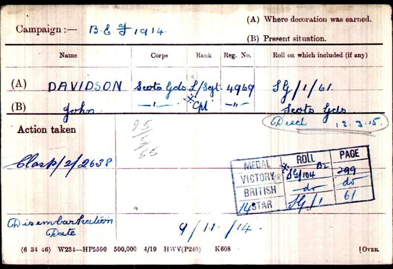 WW1 1914 Mons Trio To Lance Serjeant John Davidson 2nd Bn., Scots Guards