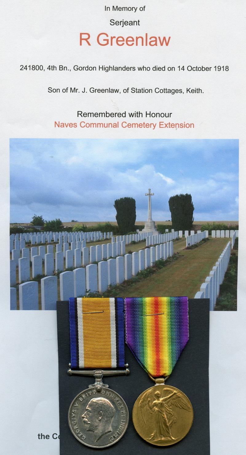 WW1 British War & Victory Medals Pair To Sergeant Robert Greenlaw, 4th Bn., Gordon Highlanders