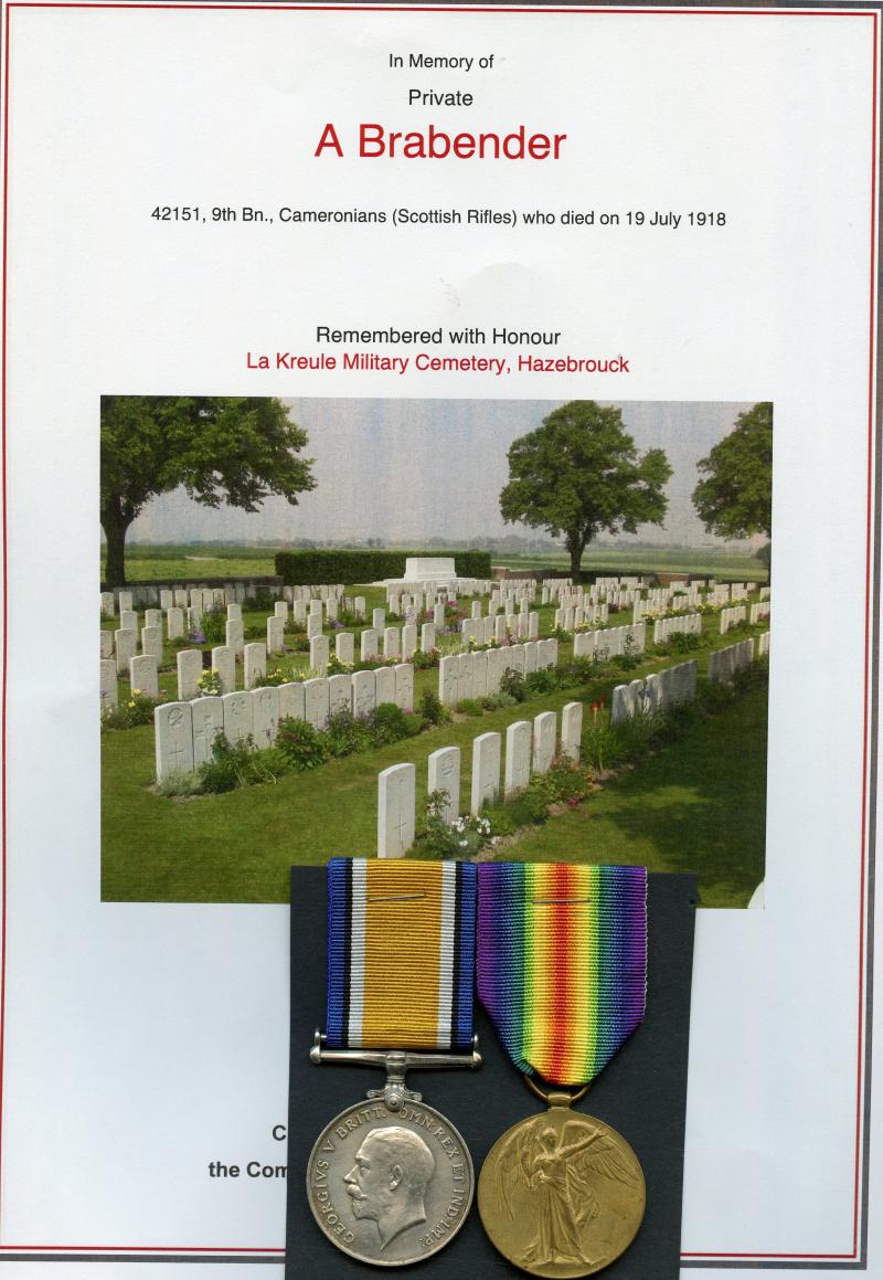 WW1 British War & Victory Medals Pair To Pte Alexander Brabender, 9th Bn., Cameronians (Scottish Rifles)