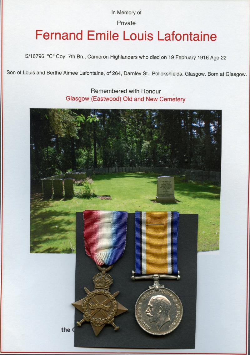 WW1 1914-15 Star & British war Medal To Pte Fernand Lafontaine, 7th Bn., Cameron Highlanders
