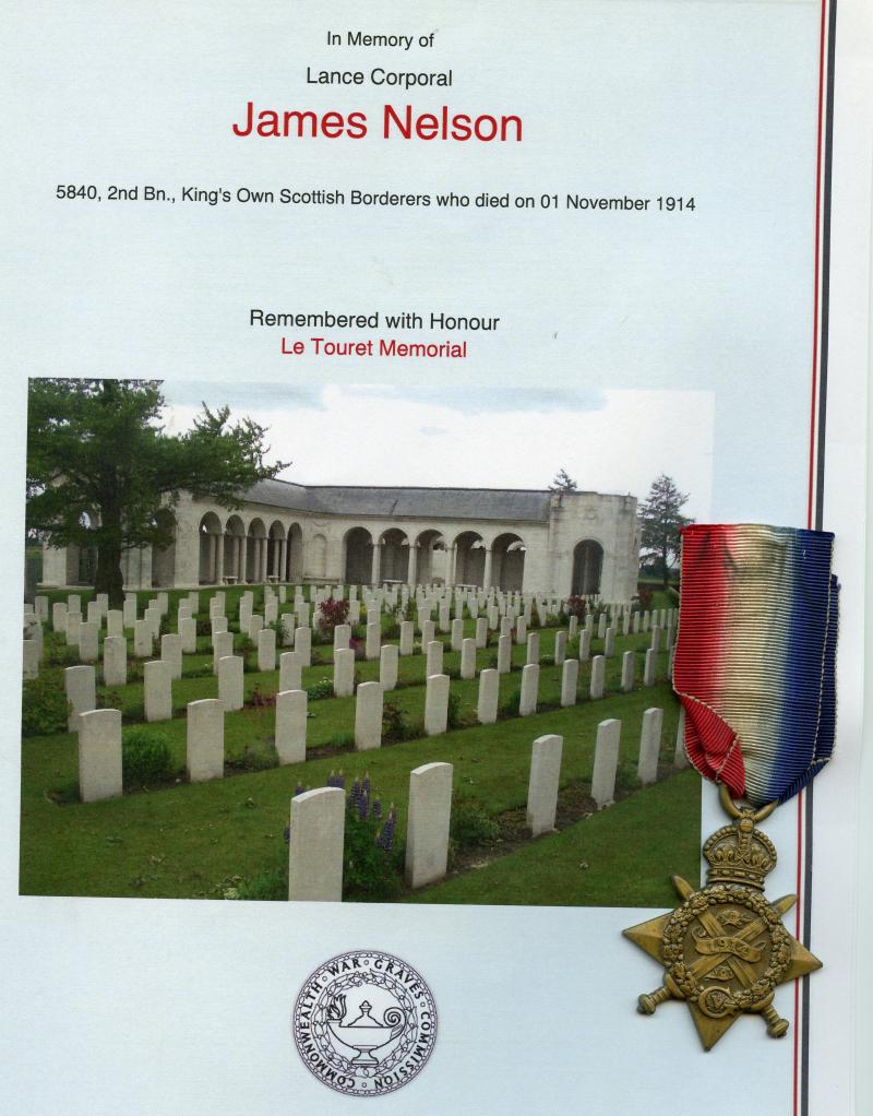 WW1 1914  Casualty 1914 Mons Star To Lance Corporal James Nelson  2nd Bn., King's Own Scottish Borderers