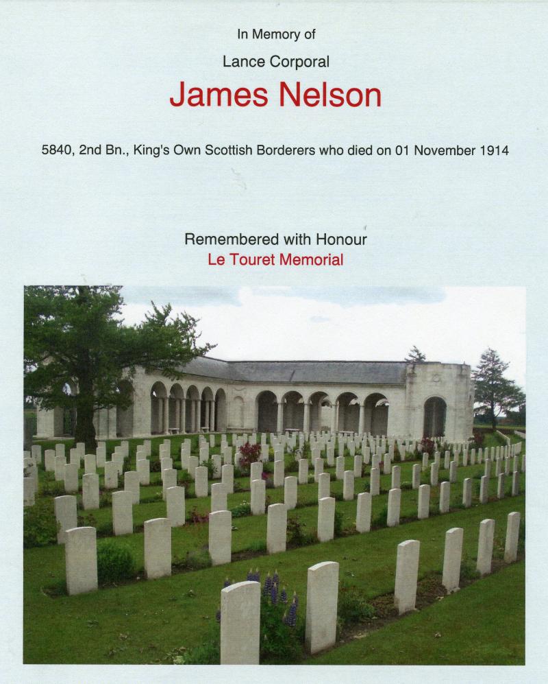 WW1 1914 Casualty 1914 Mons Star To Lance Corporal James Nelson 2nd Bn., King's Own Scottish Borderers