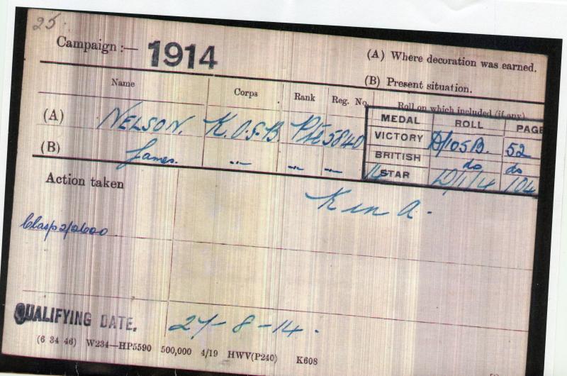 WW1 1914 Casualty 1914 Mons Star To Lance Corporal James Nelson 2nd Bn., King's Own Scottish Borderers