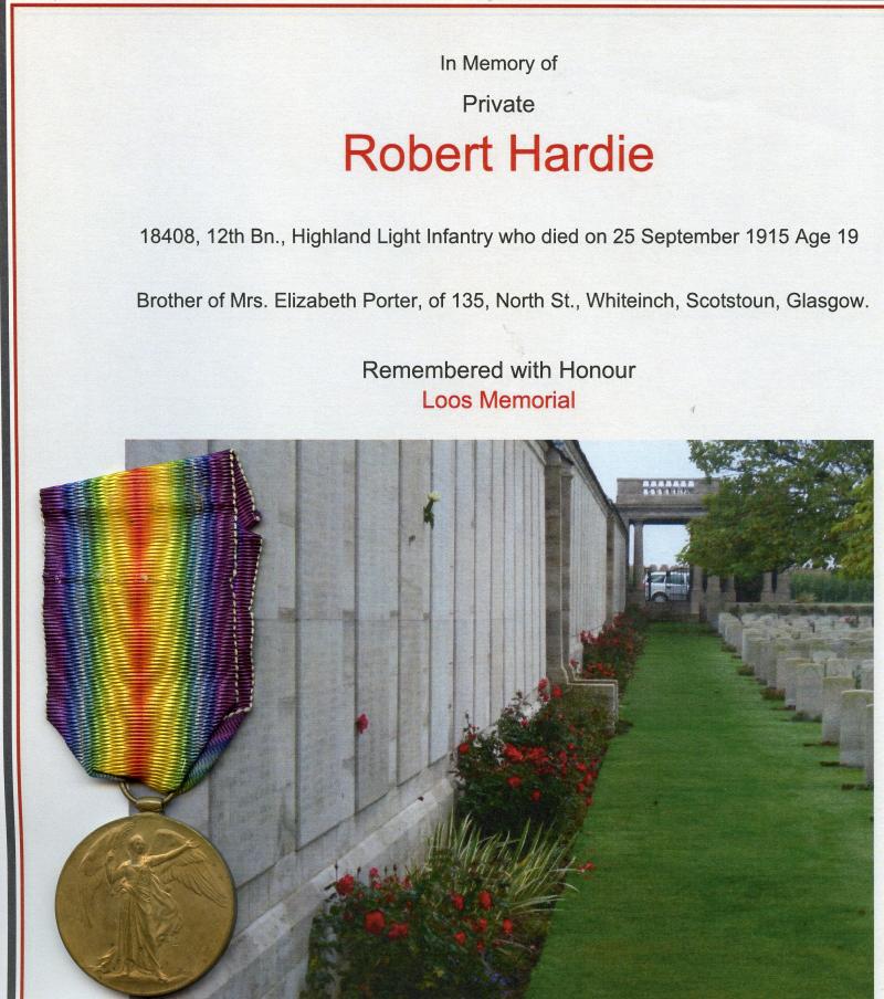 WW1 Victory Medal 1914-19 To Pte Robert Hardie, 12th Bn., Highland Light Infantry