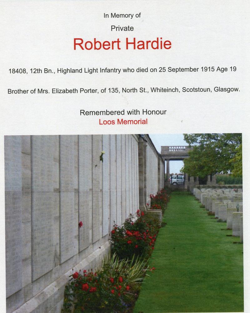 WW1 Victory Medal 1914-19 To Pte Robert Hardie, 12th Bn., Highland Light Infantry